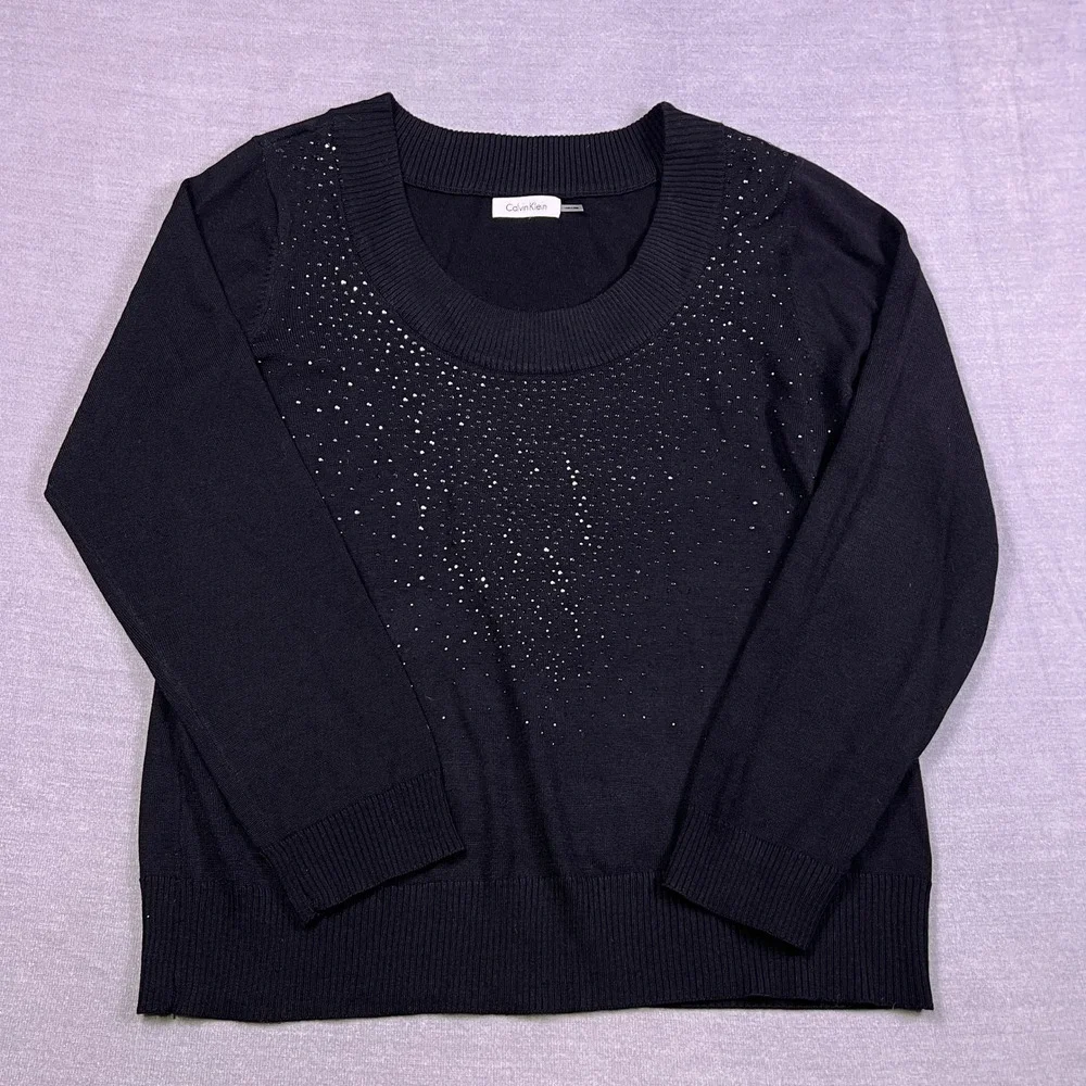Calvin Klein Studded Scoop Neck‎ Wool Blend Pullover Sweater Wmns XL Aprox Black